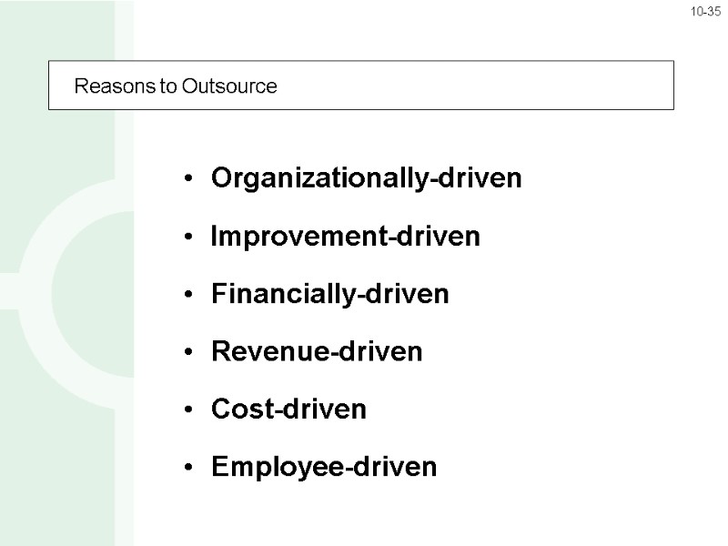 Reasons to Outsource Organizationally-driven Improvement-driven Financially-driven Revenue-driven Cost-driven Employee-driven 10-35